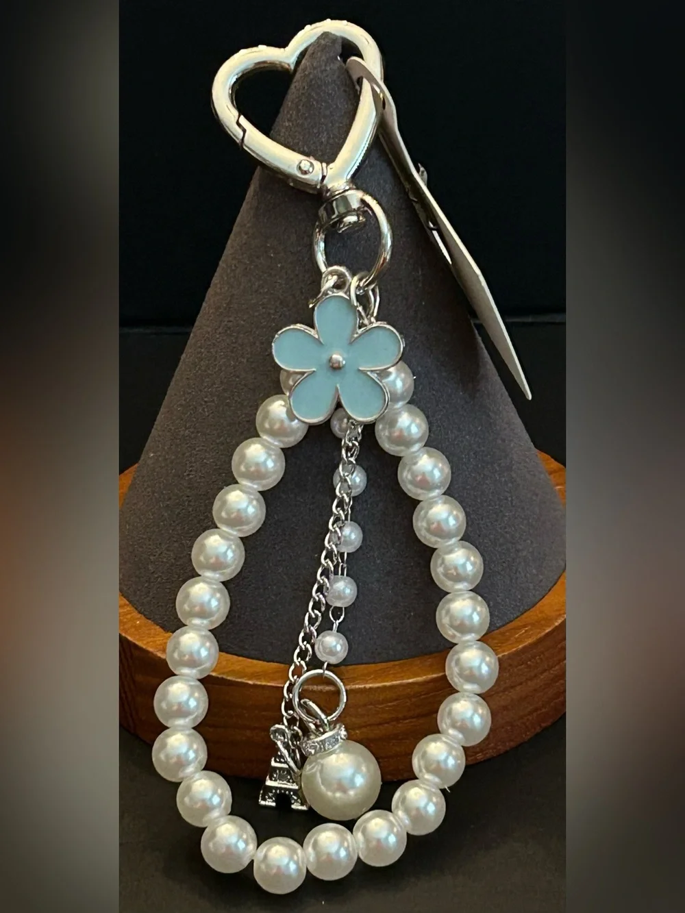 Silver or Gold w/Colored Enamel Flower Faux Pearl Wristlet Keychain Bag Charm